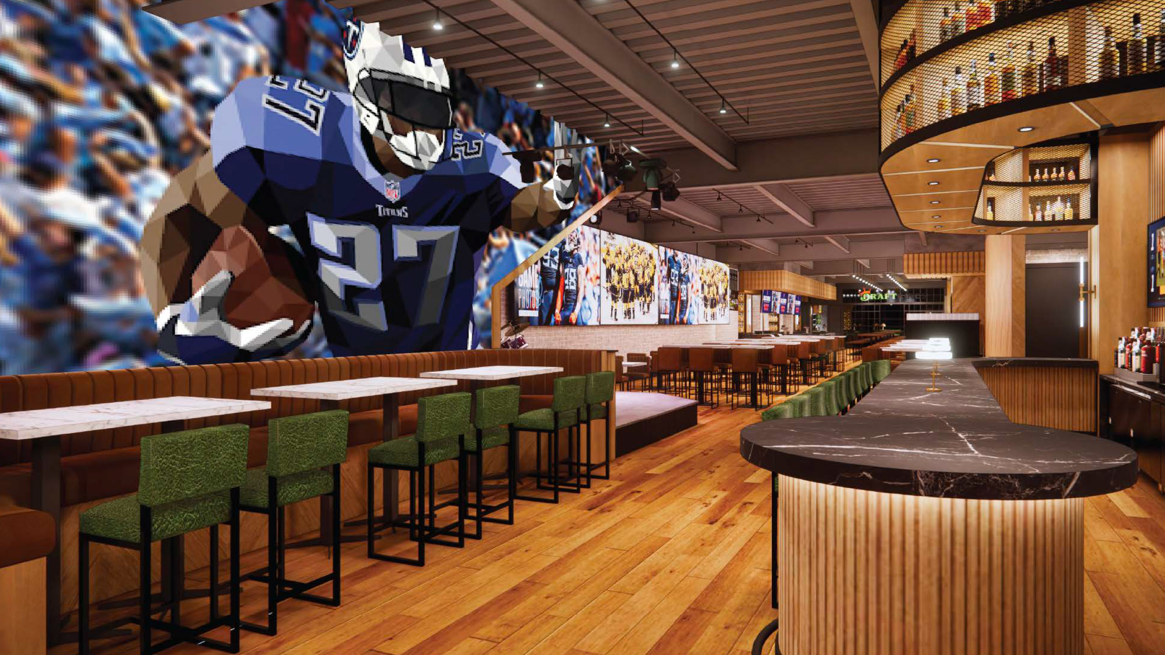 Draftkings Sports & Social Nashville Live! rendering with media wall, bar, and tables.