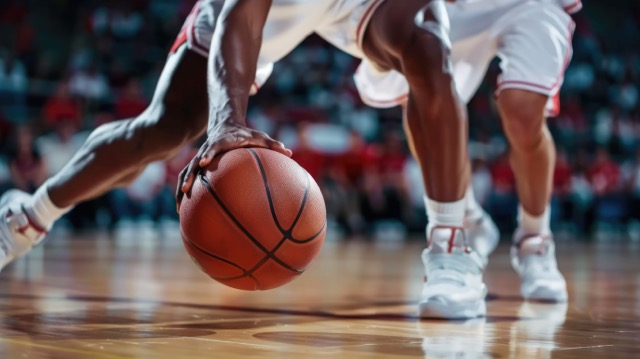 Generative AI, Basketball player is holding basketball ball on a court, close up photo